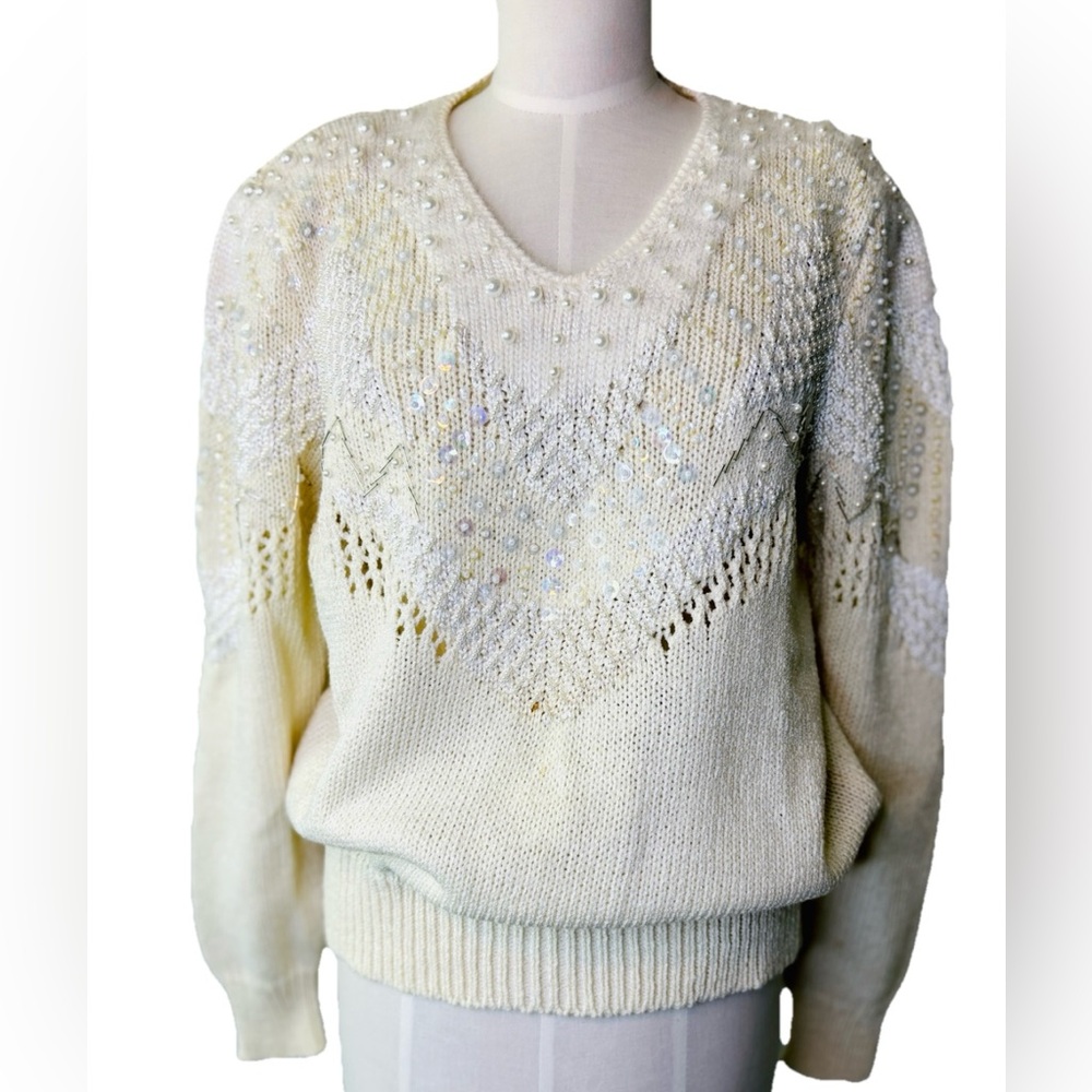Vintage 80s Christine Angora Blend Cream Sequin Beaded‎ Sweater